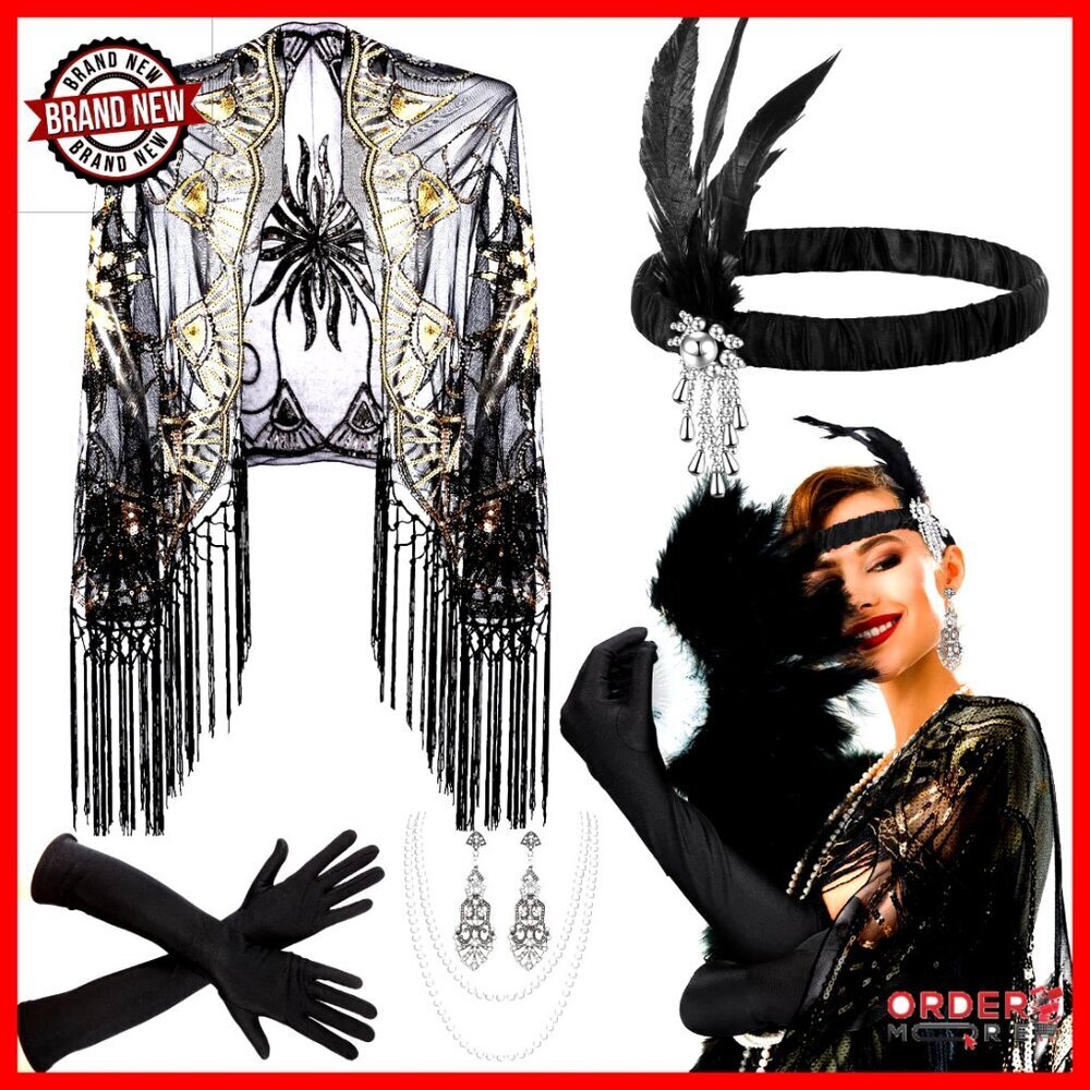 Vintage 1920s Flapper Accessory Set Feather Headband Pearl Necklace Earrings